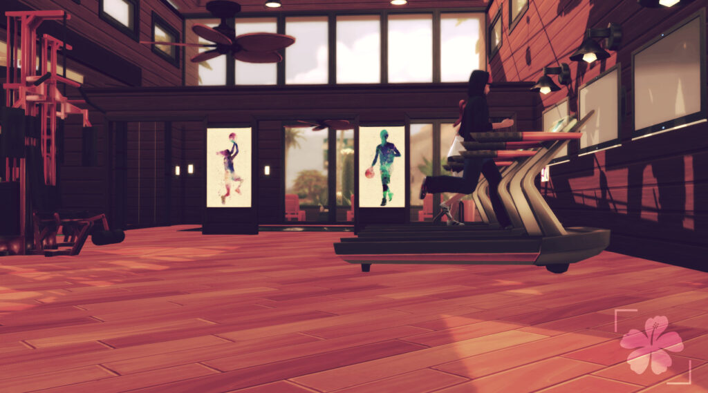Sims 4 fitness center no CC with treadmills and weight area