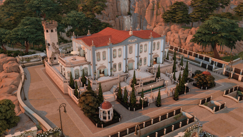 Sims 4 castle build no CC with elegant detailing