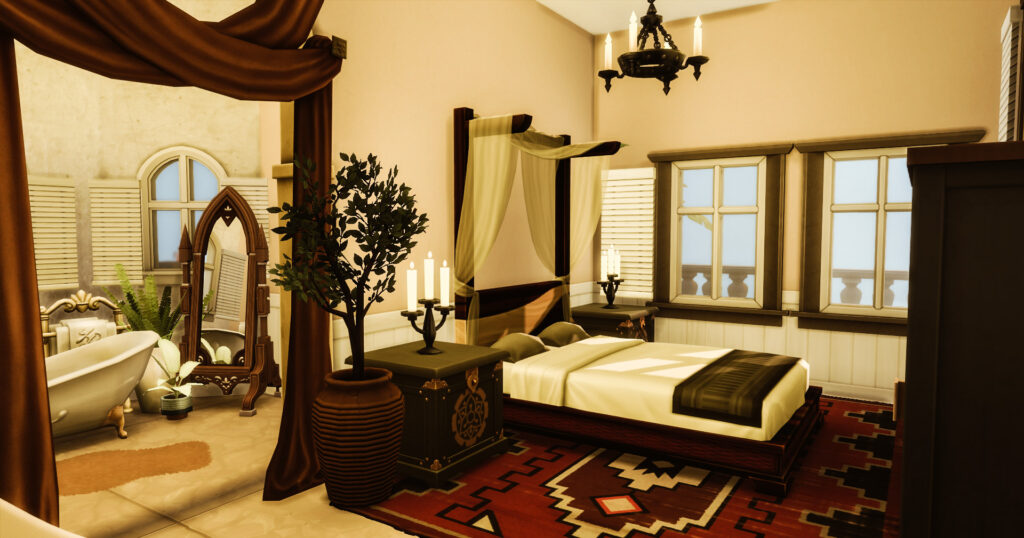 Sims 4 castle no CC with large windows and stone walls