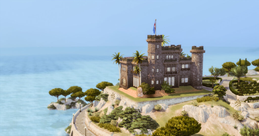 Sims 4 castle no CC with large windows and stone walls
