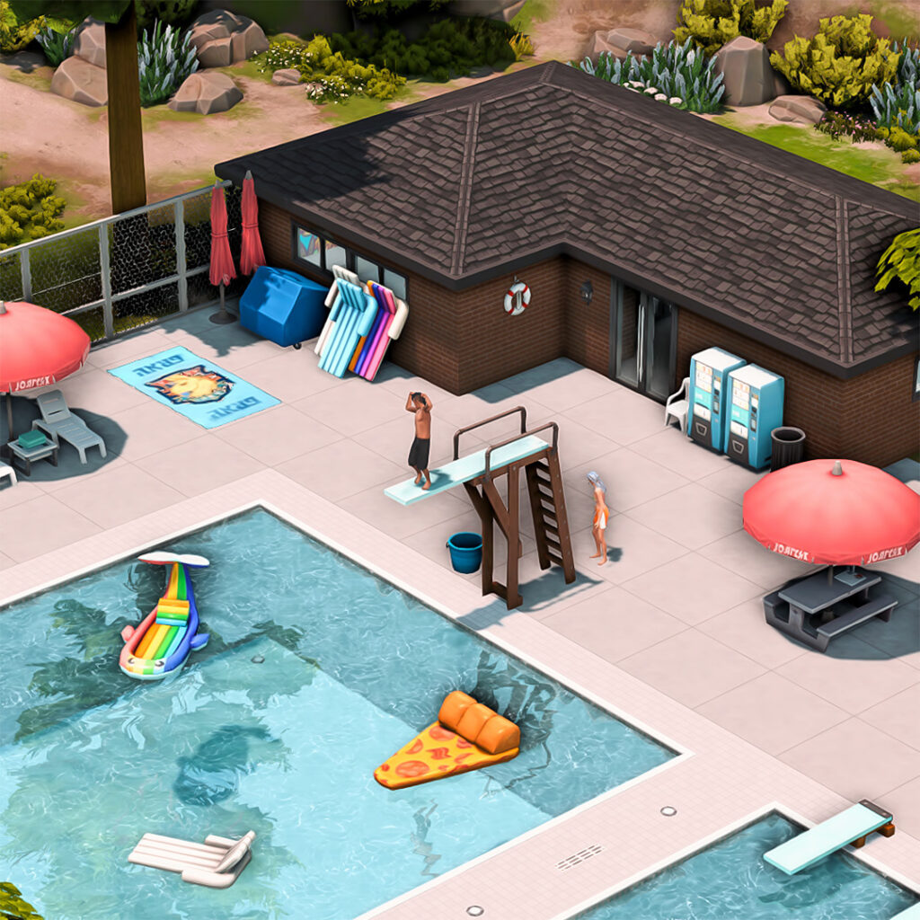 10 Sims 4 Parks & Outdoor Builds Your Sim Will Actually Visit (No CC) 22 sims 4 community pool with diving board and pool floats no cc