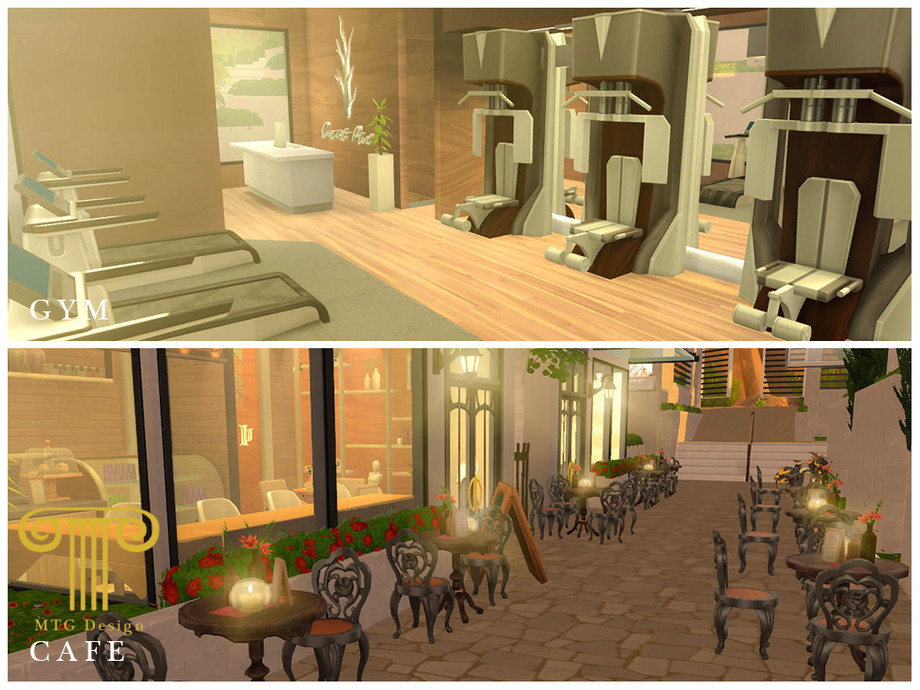 12 Sims 4 Apartment Complexes & Townhouses for Realistic Living (No CC) 32 sims 4 modern contemporary apartment pool area gym no cc