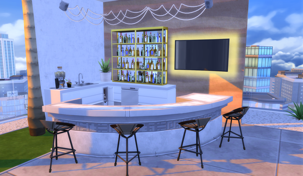 Sims 4 Penthouse Apartments That Feel Like Luxury Living (No CC) 38 Sims 4 penthouse build no CC with outside bar decor