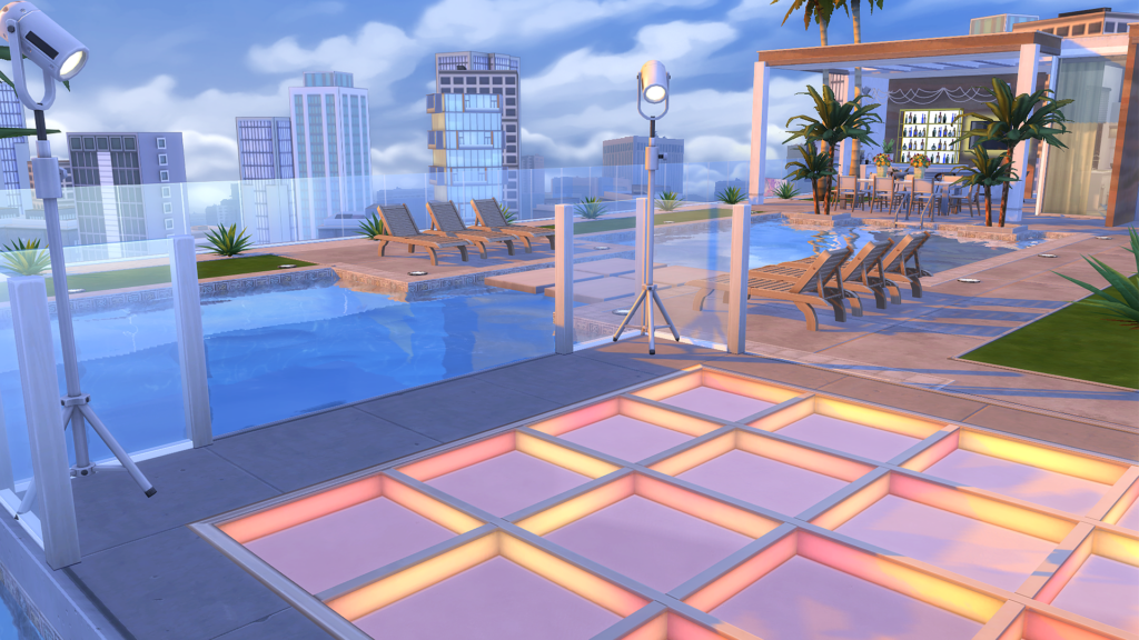 Sims 4 Penthouse Apartments That Feel Like Luxury Living (No CC) 37 Sims 4 apartment no CC with outdoor dance floor and bar