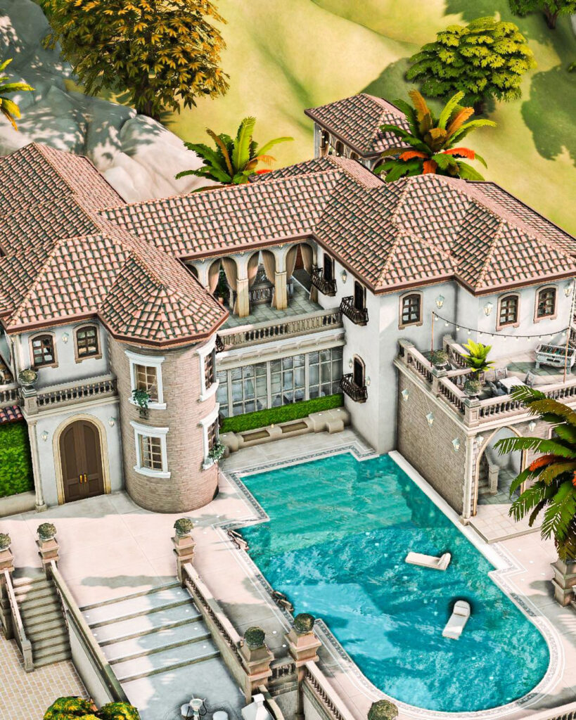 Sims 4 Celebrity Mansions for Your Rich & Famous Sims (No CC) 11 sims 4 celebrity mansion no cc mansion exterior landscape.jpg