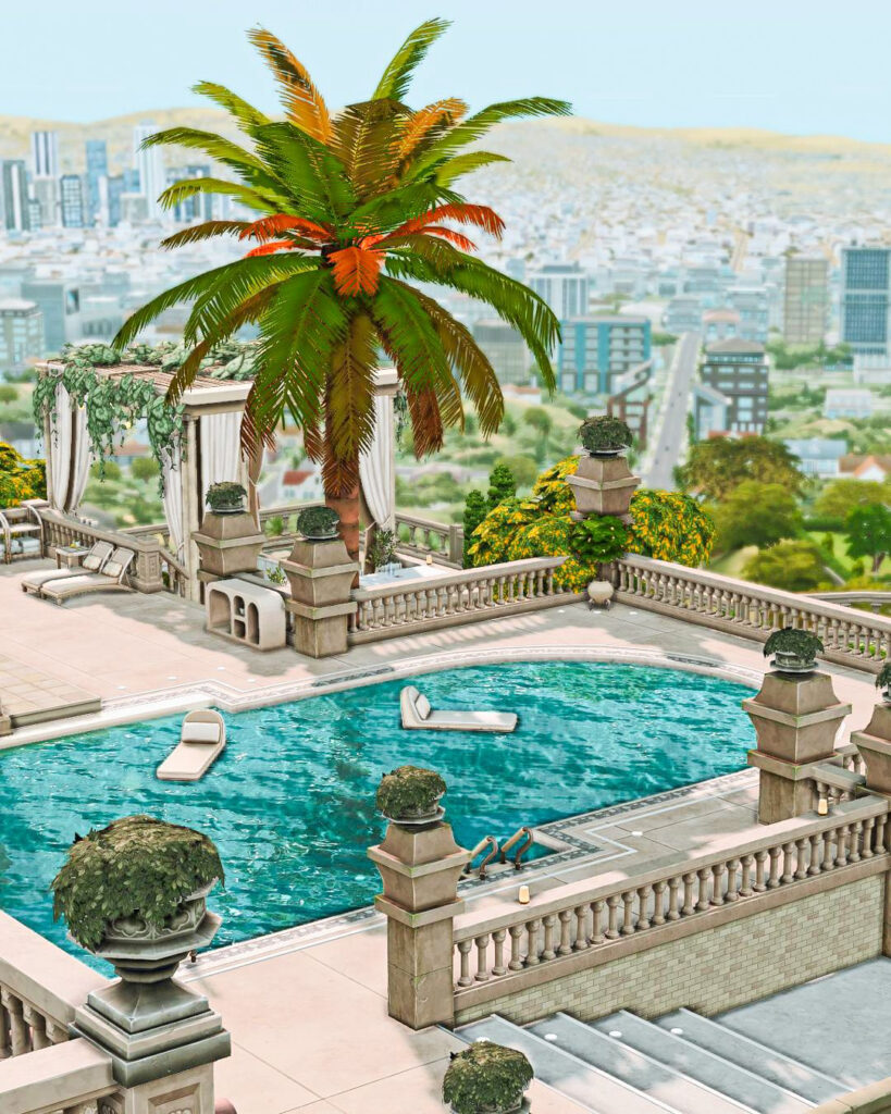 Sims 4 Celebrity Mansions for Your Rich & Famous Sims (No CC) 12 sims 4 celebrity mansion no cc outdoor pool lounge area.jpg