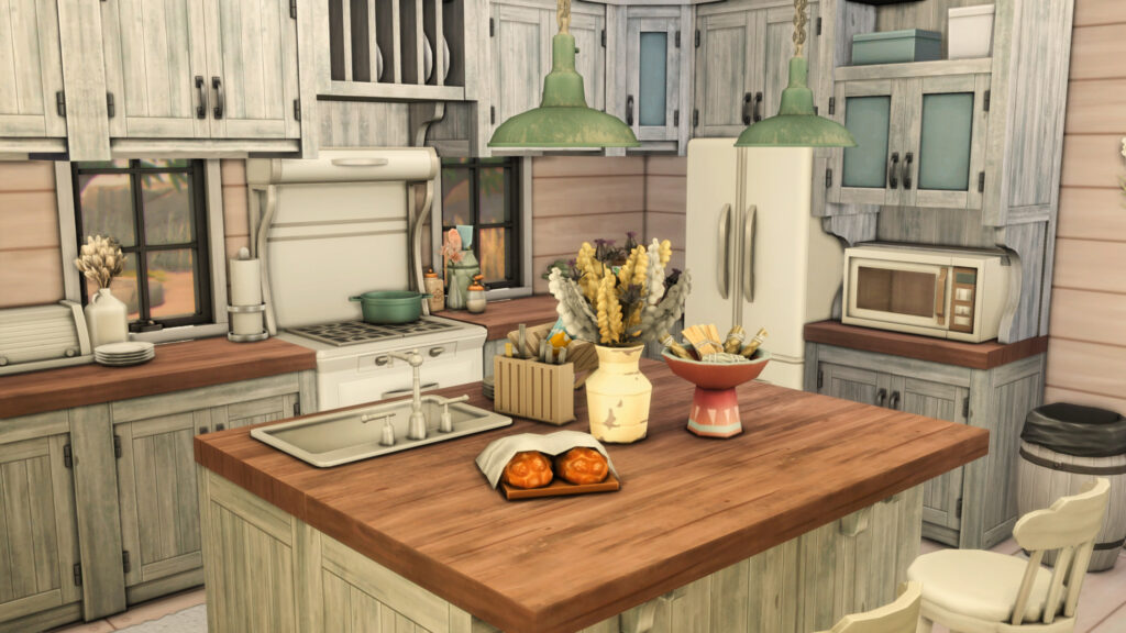 Sims 4 Ranch Homes for Country Living (No CC) 35 sims 4 horse ranch kitchen no cc