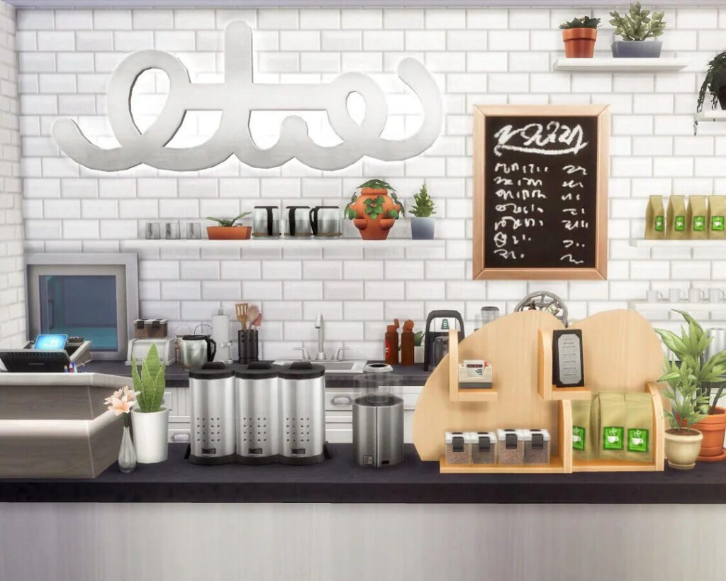 10+ Sims 4 Cafe Builds That Make Your Save Feel Alive (No CC) 27 sims 4 modern cafe counter no cc