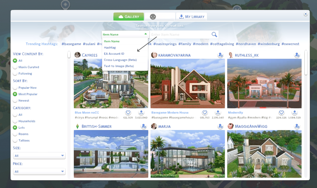 How to Start a Fresh Sims 4 Save with All No CC Builds 3 sims 4 gallery search dropdown
